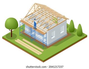 Isometric roofing construction. Concept of residential building under construction. House under construction. Roof insulation.