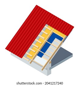 Isometric roofing construction. Concept of residential building under construction. House under construction. Roof insulation.