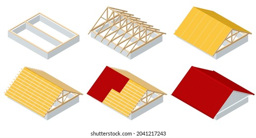 Isometric roofing construction. Concept of residential building under construction. House under construction. Roof insulation.