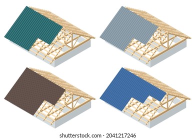 Isometric roofing construction. Concept of residential building under construction. House under construction. Roof insulation.