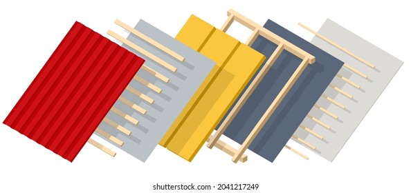 Isometric roofing construction. Concept of residential building under construction. House under construction. Roof insulation.