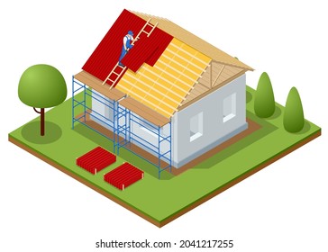 Isometric roofing construction. Concept of residential building under construction. House under construction. Roof insulation.