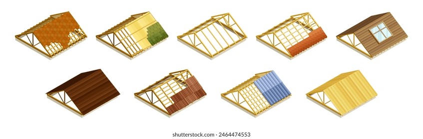 Isometric Roofing Construction Part of Building Vector Set