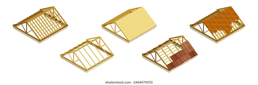 Isometric Roofing Construction Part of Building Vector Set