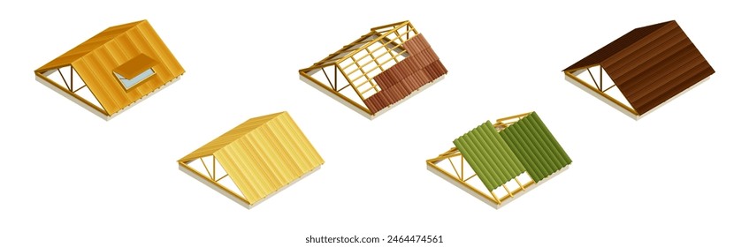 Isometric Roofing Construction Part of Building Vector Set