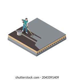 Isometric roofing icon with man doing waterproof roof coating vector illustration