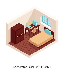 Isometric room with a bed, a wardrobe and a place to work at a computer