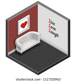 isometric room box interior isolated on white background. low poli 3d style vector, polish glossy chester sofa couch on wooden floor and bricks wall , text sign live love lough in living room