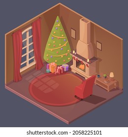 isometric room with christmas decorations and fireplace, vector illustration