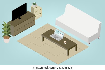 Isometric, room with a computer on a low table