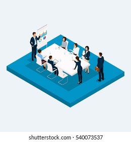 Isometric Room High-rise Office, Meeting Negotiations, Brainstorming, Office Workers 3D Business Men And Women, Office Furniture. Vector Illustration.
