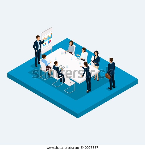 Isometric room high-rise office, meeting\
negotiations, brainstorming, office workers 3D business men and\
women, office furniture. Vector\
illustration.