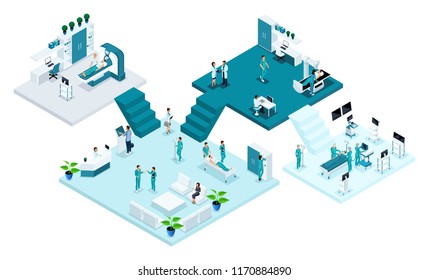 Isometric room of the hospital, Healthcare and innovative technology, medical personnel, patients, examination and diagnosis of the disease, surgery.