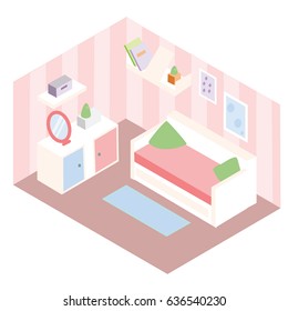 Isometric room interior. Apartment in pink colors and white furniture. Girl bedroom design with sofa, shelves, mirror. Vector illustration.