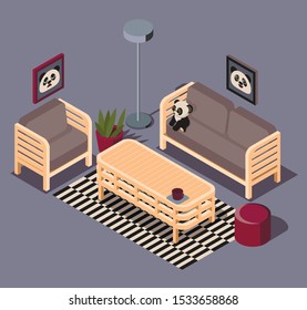 Isometric room. Interior black and white with Panda.