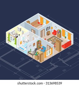 Isometric room interior concept with 3d kitchen and bathroom furniture icons vector illustration