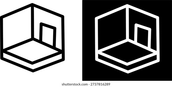 Isometric room interior icon in black and white, minimal line art showing empty space and doorway, modern symbol for architecture, layout or interior design.