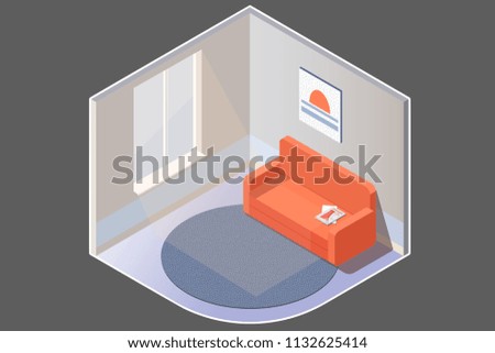 Isometric room interior with sofa and carpet, daylight