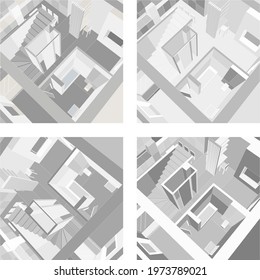 isometric room interior vector background set