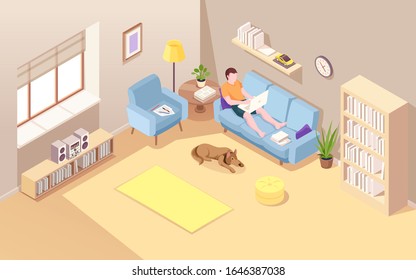 Isometric room with man sitting on sofa and doing remote job using notebook. Vector boy with laptop doing freelance work. Reclining male working at home over internet. Lad on couch. Workspace