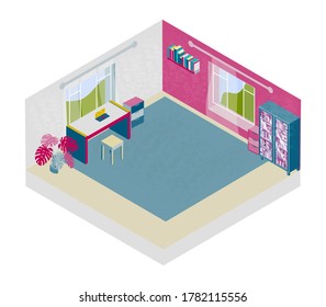 isometric room, modern workplace vector background 