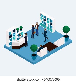 Isometric room multistoried office workers 3D business men and women in the lobby at the reception isolated. Vector illustration.