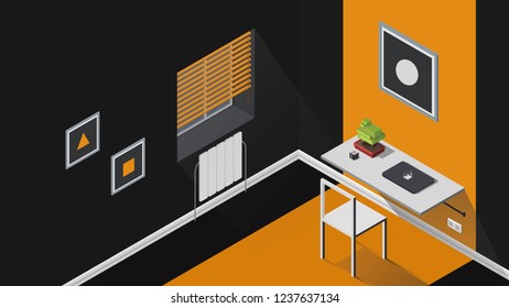 Isometric room with notebook, bonsai, coffee, and pictures on walls.