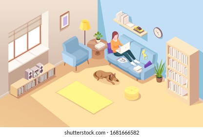 Isometric room with woman sitting on sofa and doing remote job using notebook. Vector girl with laptop doing freelance work. Reclining female working at home over internet. Lady on couch. Workspace