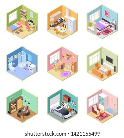 Isometric rooms. Designed house, living room kitchen bathroom bedroom toilet apartment interior with furniture 3d vector set. Kitchen isometric room, indoor bathroom, bedroom interior illustration
