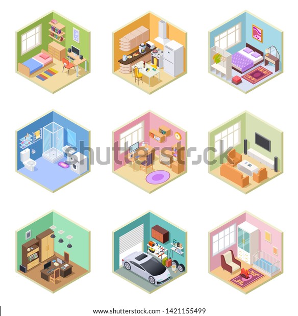 Isometric rooms. Designed house, living room\
kitchen bathroom bedroom toilet apartment interior with furniture\
3d vector set. Kitchen isometric room, indoor bathroom, bedroom\
interior\
illustration