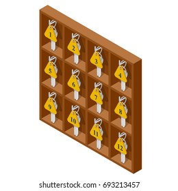 Isometric Rooms keys at a two stars hostel reception desk counter