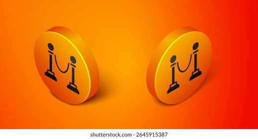Isometric Rope barrier icon isolated on orange background. VIP event, luxury celebration. Celebrity party entrance. Orange circle button. Vector
