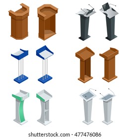 Isometric rostrum, podium, tribune with microphones. Vector 3d platform, stand, grandstand, hustings illustration