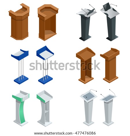 Isometric rostrum, podium, tribune with microphones. Vector 3d platform, stand, grandstand, hustings illustration