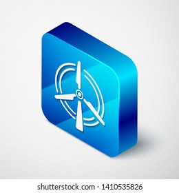 Isometric Rotating wind turbine icon isolated on white background. Wind generator sign. Windmill silhouette. Windmill for electric power production. Blue square button. Vector Illustration