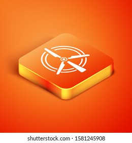 Isometric Rotating wind turbine icon isolated on orange background. Wind generator sign. Windmill for electric power production.  Vector Illustration