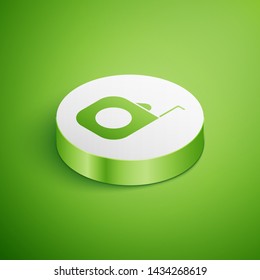 Isometric Roulette construction icon isolated on green background. Tape measure symbol. White circle button. Vector Illustration