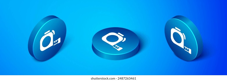 Isometric Roulette construction icon isolated on blue background. Tape measure symbol. Blue circle button. Vector