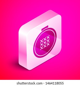 Isometric Round adjustable embroidery hoop icon isolated on pink background. Thread and needle for embroidery. Silver square button. Vector Illustration