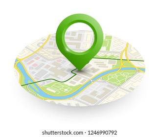 Isometric round city map navigation, point marker background, vector isometry circle schema, simple city plan GPS navigation, final destination arrow paper city map. Route delivery check point graphic