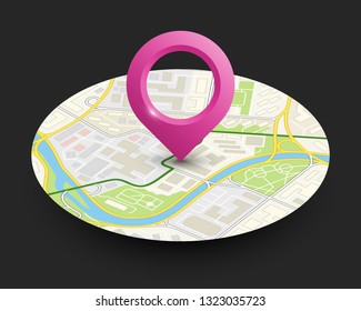 Isometric round city map navigation, point marker background, vector isometry circle schema, simple city plan GPS navigation, final destination arrow paper city map. Route delivery check point graphic
