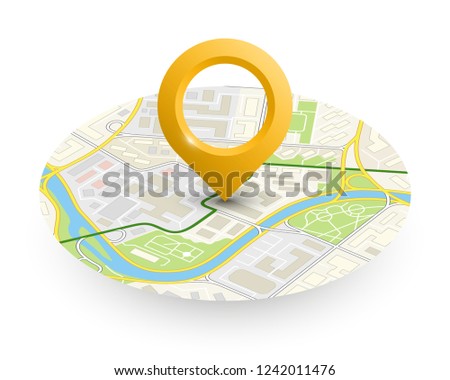 Isometric round city map navigation, point marker background, vector isometry circle schema, simple city plan GPS navigation, final destination arrow paper city map. Route delivery check point graphic