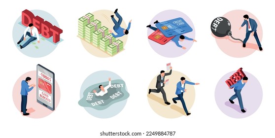 Isometric round credit composition set debtor under the burden of his debts in the literal and figurative sense vector illustration