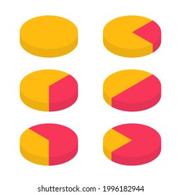 Isometric round diagrams with different heights set. Pie chart infographic collection. Statistics information. Business analysis symbol for reports and presentations. Vector illustration isolated