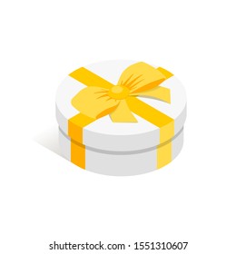 Isometric round gift box. Surprise white present box with yellow ribbon bow isolated on white background. New year, anniwersary, birthday delight 3d symbol. Vector illustration