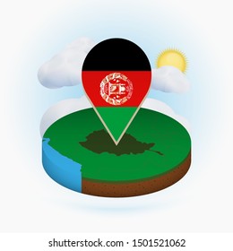 Isometric round map of Afghanistan and point marker with flag of Afghanistan. Cloud and sun on background. Isometric vector illustration.