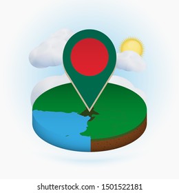 Isometric round map of Bangladesh and point marker with flag of Bangladesh. Cloud and sun on background. Isometric vector illustration.