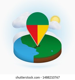 Isometric round map of Benin and point marker with flag of Benin. Cloud and sun on background. Isometric vector illustration.