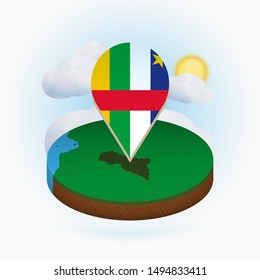 Isometric round map of CAR and point marker with flag of CAR. Cloud and sun on background. Isometric vector illustration.