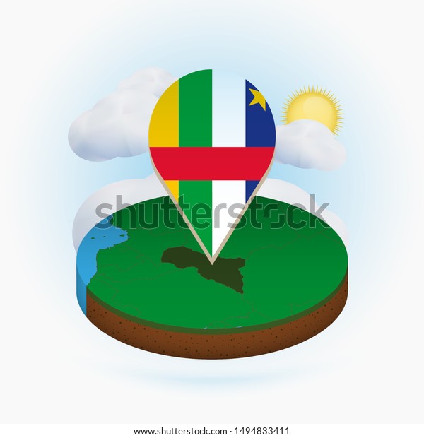Isometric\
round map of CAR and point marker with flag of CAR. Cloud and sun\
on background. Isometric vector\
illustration.